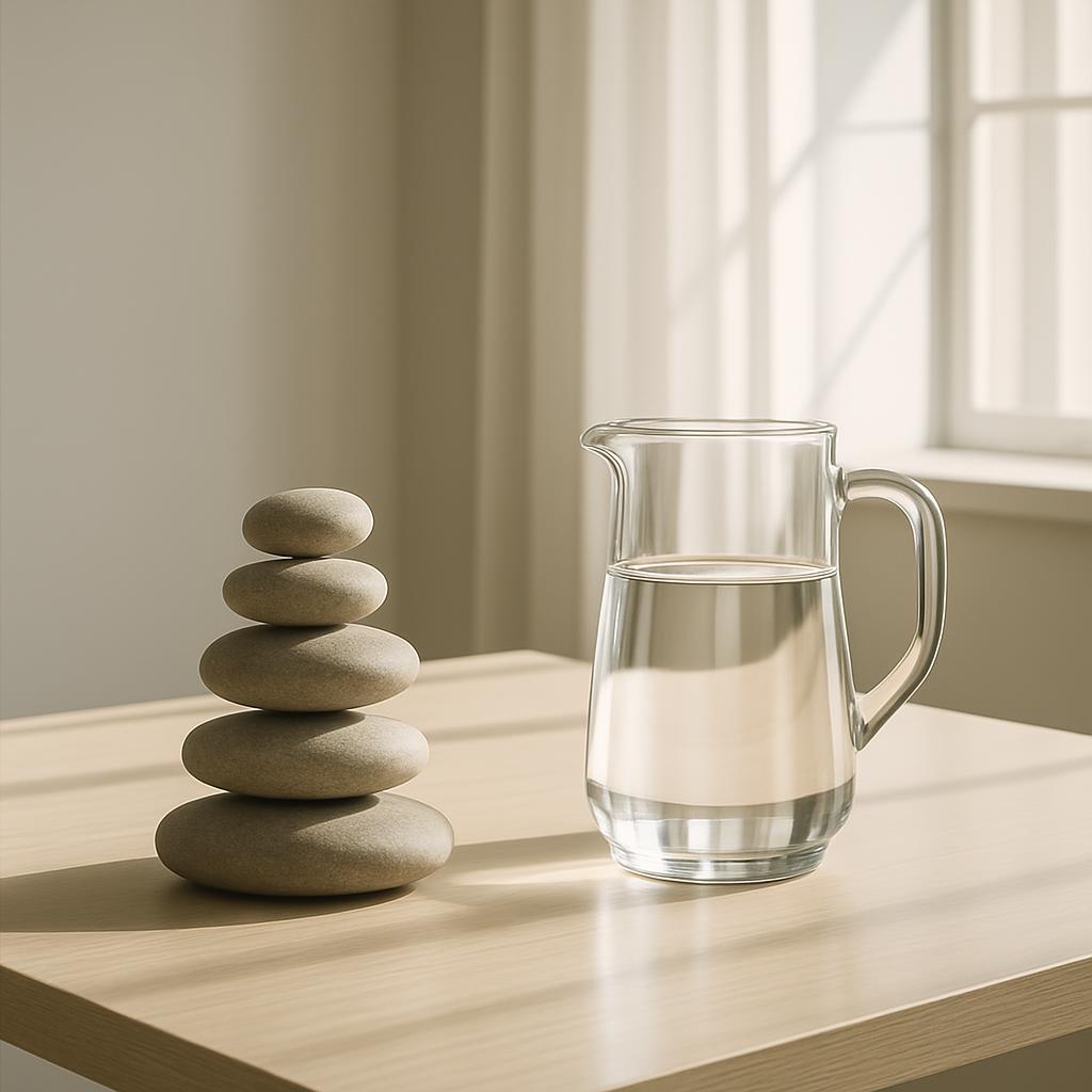A composition of tangible objects. A stack of five smooth, flat, gray-brown stones sits to the left of a clear glass pitch...