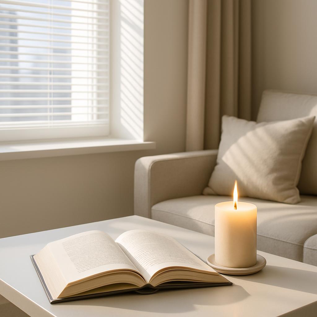 A cozy living room scene with a book, lit candle display, and comfortable couch.