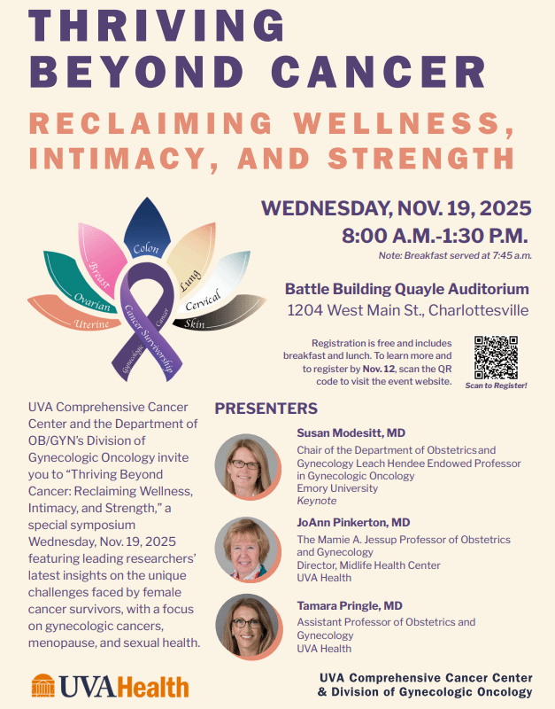 Event poster for the symposium 'Thriving Beyond Cancer: Reclaiming Wellness, Intimacy, and Strength' featuring date, time, location, and presenters.